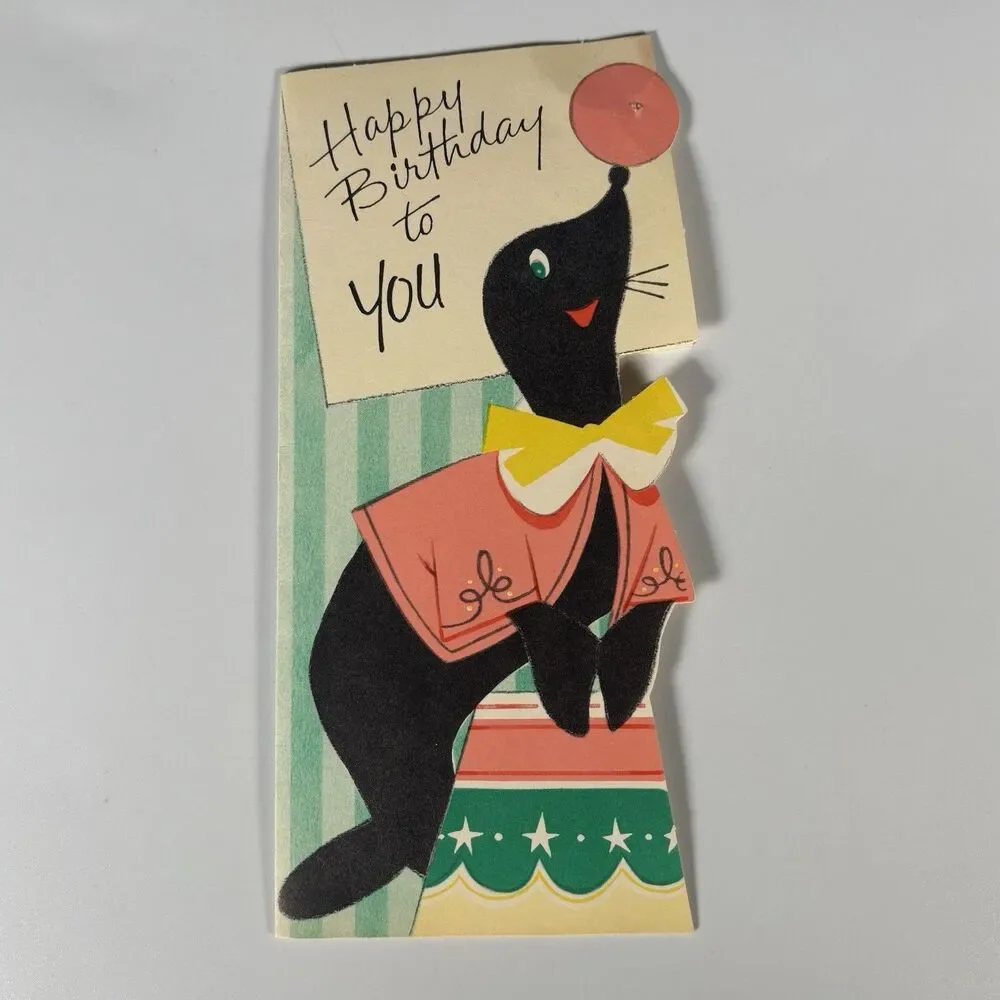 Vintage Die Cut Seal Birthday Card Simon Seal Anthropomorphic Mid Century Three